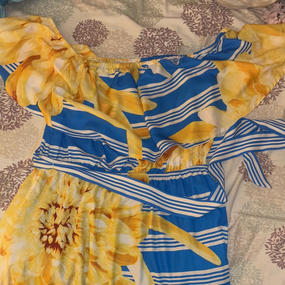 Floral Off-Shoulder Maxi Dress in Blue and Yellow